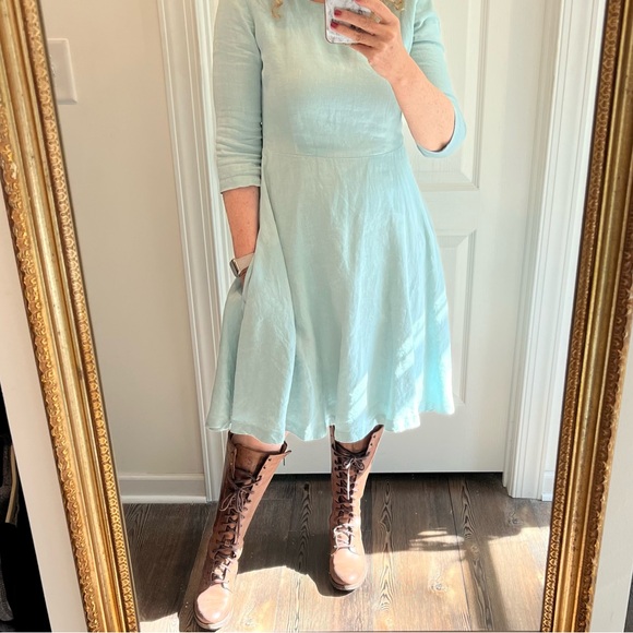 MRSPOMERANZ Custom-made handmade pure linen fit flare light blue dress - Picture 3 of 15